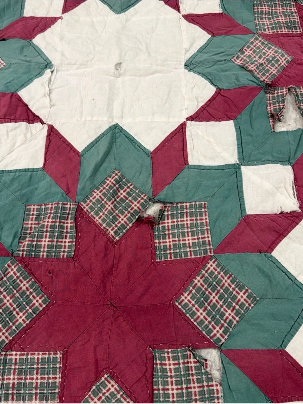 VTG Antique Very Old Quilt Blanket Patchwork 8 Pointed Stars 3D Hand Sewn 80x64”